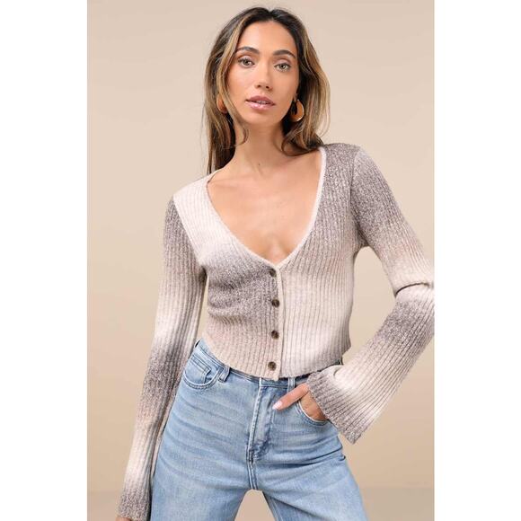 Lulu's Elevated Forecast Taupe Ombre Cropped Flare Sleeve Cardigan NWT XS Boho - Picture 1 of 6